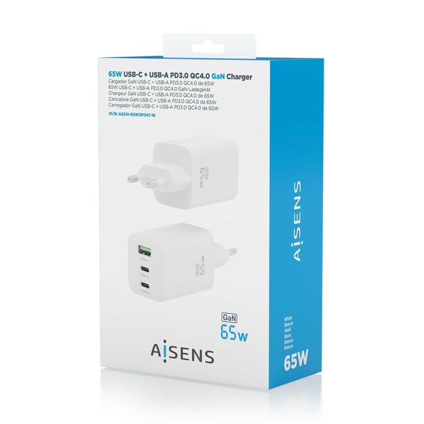 AISENS ASCH-65W3P041-W oplader til mobil enhed Universel Hvid Vekselstrøm Hurtig opladning Indendørs