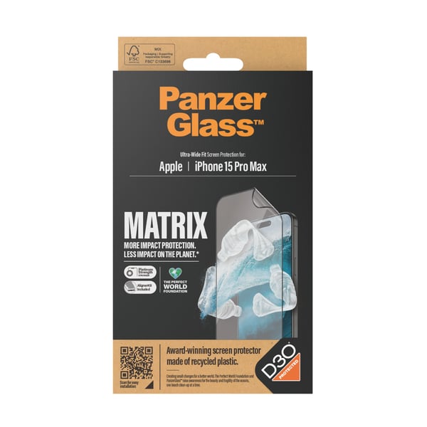 PanzerGlass ® ECO MATRIX Screen Protector with D3O® iPhone 15 Pro Max | Ultra-Wide Fit w. AlignerKit Genomskinligt skärmskydd Apple 1 styck