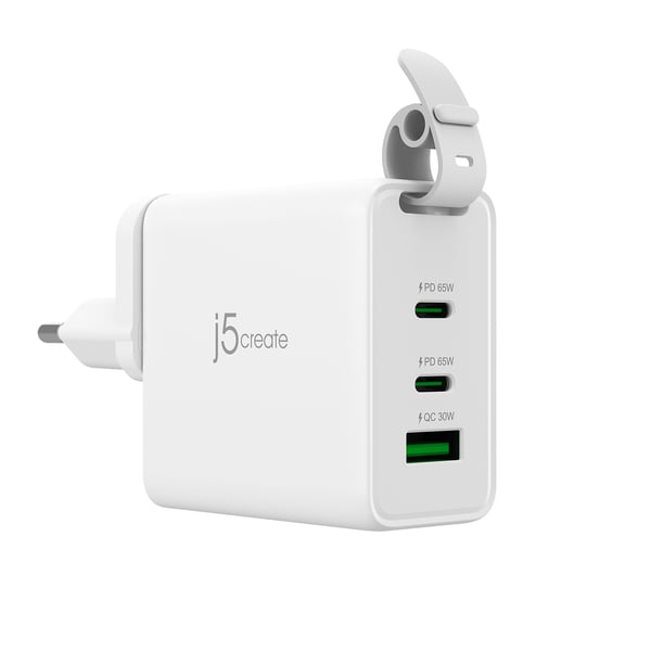 j5create 65W GaN USB-C 3-portars reseladdare med utbytbara AC-kontakter och USB-C-kabel