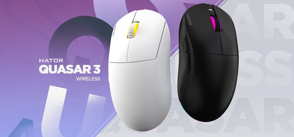 HATOR Quasar 3 Wireless gamingmus, 2.4 GHz + Bluetooth + USB, Optical Yellow 100M Switches, PixArt PAW3311, RGB, Web SyncHUB™, Sort