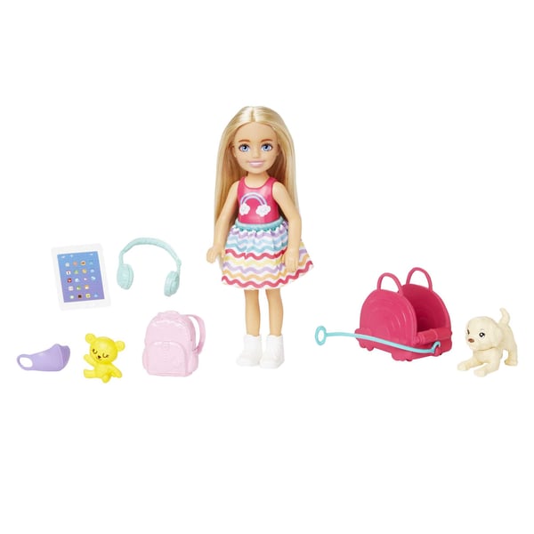 Barbie Dreamhouse Adventures Chelsea-dukke og tilbehør, lille dukke rejsesæt med hundehvalp og 6 dele
