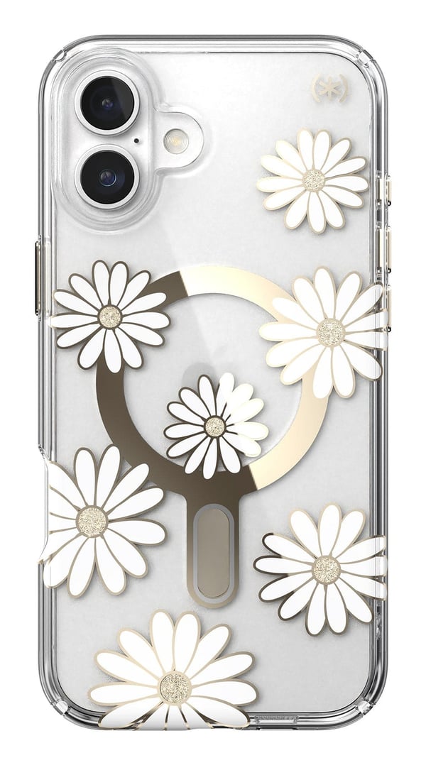 Speck Presidio Lux ClickLock & MagSafe - Cover til iPhone 16 Plus (Sunshine Daisies / Klar / Guld)