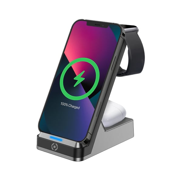 Celly WLSTAND3IN1BK mobilladdare Digitalkamera, Spelkontroller, Hörlurar, Mobiltelefon, Powerbank, Smartphone, Smartwatch, Surfplatta, Klocka, Kroppsburen teknik Grå AC Trådlös laddning inomhus