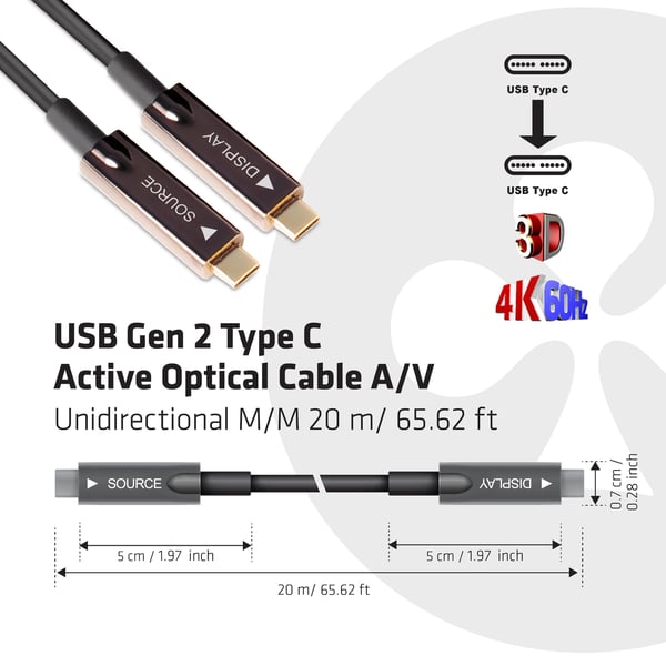 CLUB3D USB3.2 G2 TYPE-C ACT. OPT. A/V M/M 20M USB-kablar USB 3.2 Gen 2 (3.1 Gen 2) USB C Svart