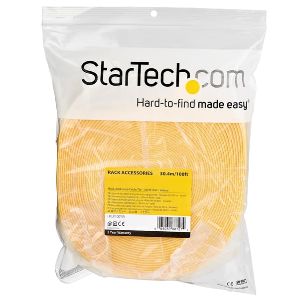 StarTech.com Kardborrband på 30,4 m - Avklippbara och återanvändbara kabelband - Förpackning med kabelband/justerbara kardborrband - Gul/återanvändbara och självhäftande kabelhanteringsband