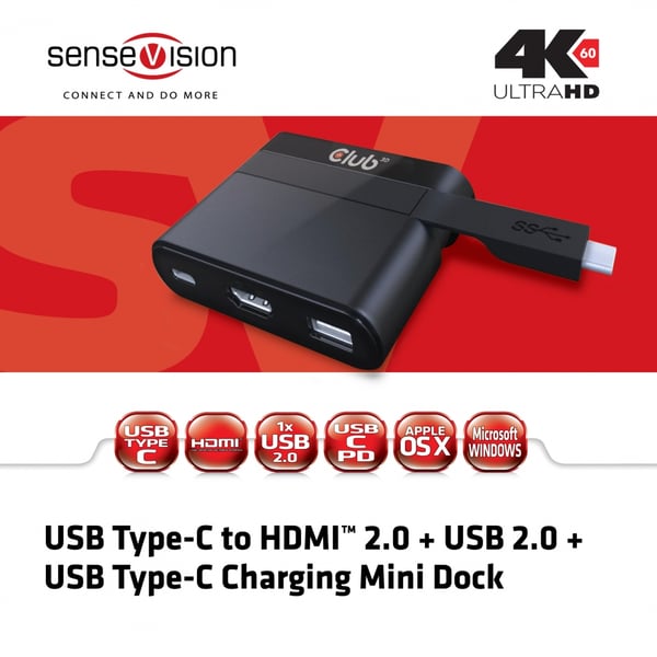 CLUB3D USB Type-C to HDMI™ 2.0 + USB 2.0 + USB Type-C Charging Mini Dock
