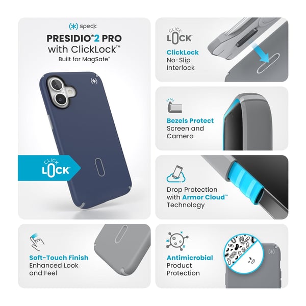 Speck Presidio2 Pro ClickLock & MagSafe til iPhone 16 Plus marineblå