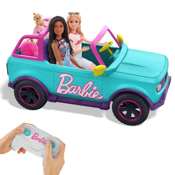 Hot Wheels Kauko-ohjattava Barbie -katumaasturi ja tarroja, paristoilla toimiva leluauto, johon mahtuu 2 Barbie-nukkea