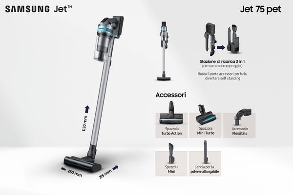 Samsung Jet 75 pet 2-in-1-varsi-imuri Akku Kuiva Pussiton 550 W Mintunvärinen, Hopea