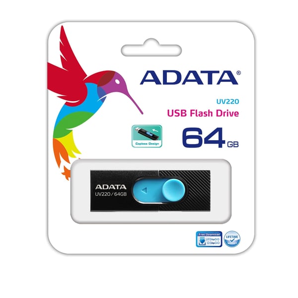 ADATA UV220 USB-muisti 64 GB USB A-tyyppi 2.0 Musta, Sininen