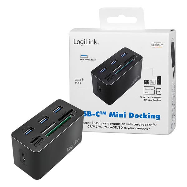 LogiLink CR0046 kannettavien tietokoneiden telakka ja porttitoistin Langallinen USB 3.2 Gen 1 (3.1 Gen 1) Type-C Musta