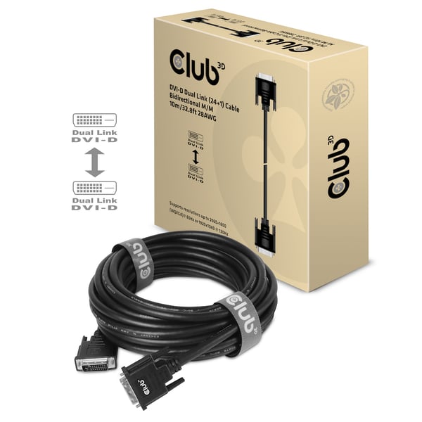 CLUB3D DVI-D DUAL LINK (24+1) CABLE BI DIRECTIONAL M/M 3m 9.8 ft 28AWG DVI kabel Sort