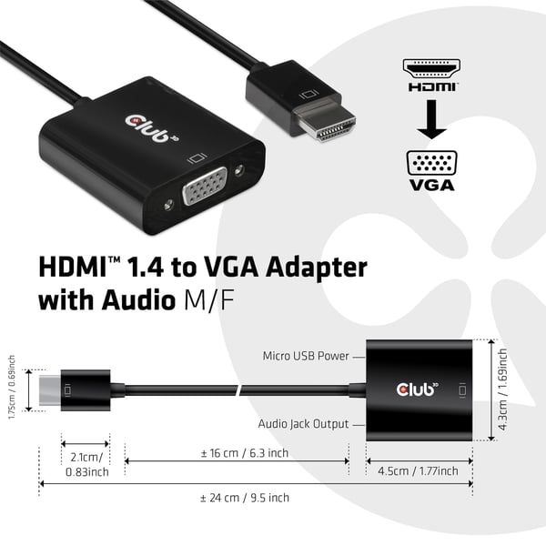 CLUB3D CAC-1302 videokaapeli-adapteri 0,5 m HDMI-tyyppi A (vakio) VGA (D-Sub) Musta