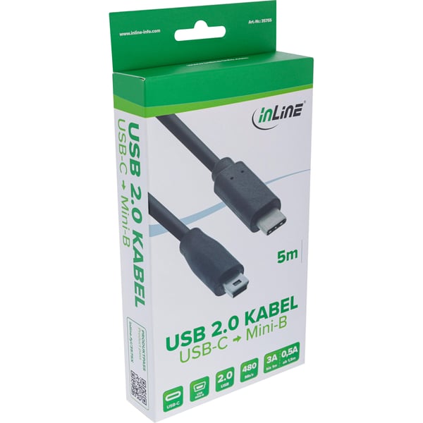 InLine 35755 USB-kabel USB 2.0 5 m USB C Mini-USB B 0,48 Gbit/sek. Sort