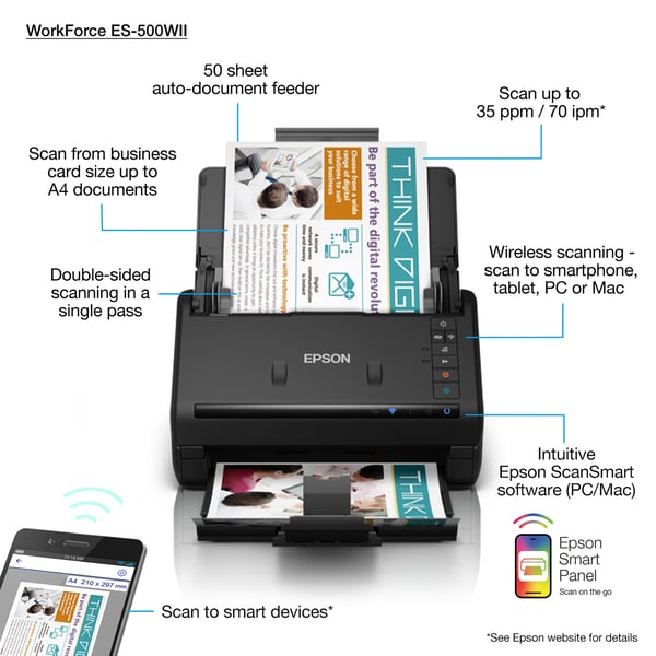 Epson WorkForce ES-500WII Skanner med papir-tilførsel 600 x 600 dpi A4 Sort