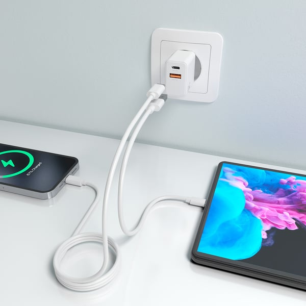 AISENS ASCH-20W2P083-W oplader til mobil enhed Mobiltelefon, Smartphone, Digitalt kamera, Universel, Tablet Hvid Vekselstrøm Hurtig opladning Indendørs