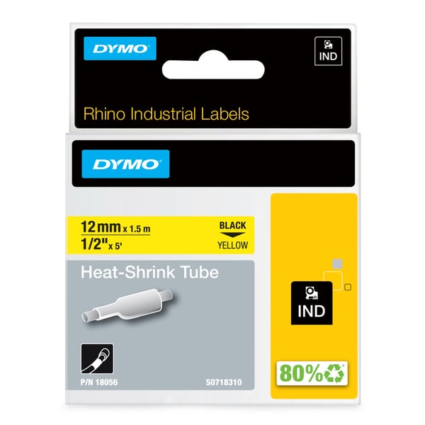 DYMO Rhino industrielle varmekrympbare kabelmærkningsrør | 12 mm x 1,5 m | Sort tryk på gul | til Rhino mærkningsmaskiner