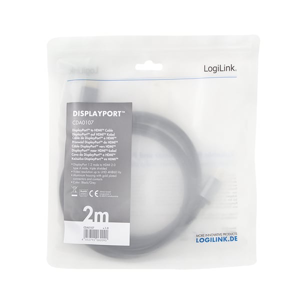 LogiLink CDA0107 videokabel adapter 2 m DisplayPort HDMI Sort, Grå
