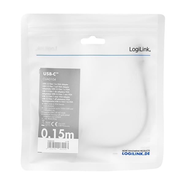 LogiLink CUA0104 videokabeladapter 0,15 m USB Type-C VGA (D-Sub) Svart, Grå