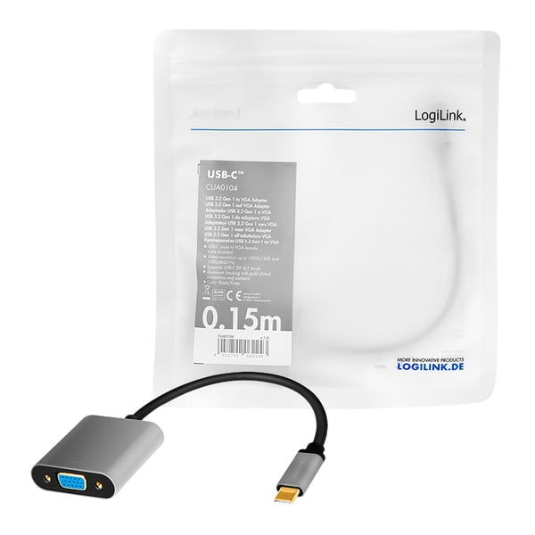 LogiLink CUA0104 videokabeladapter 0,15 m USB Type-C VGA (D-Sub) Svart, Grå