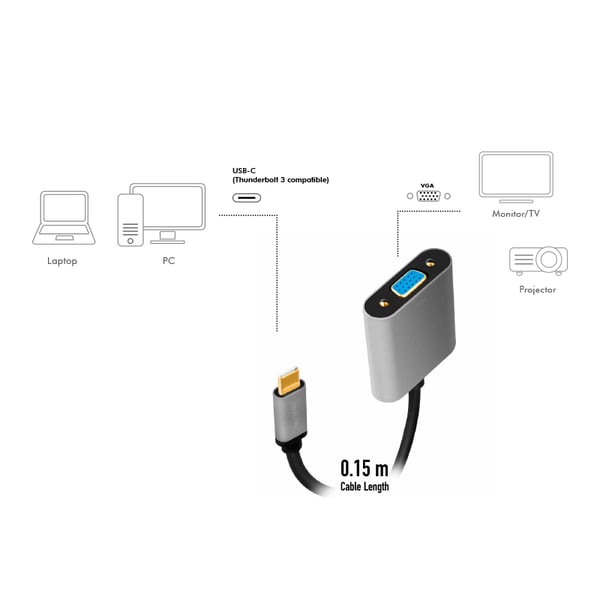 LogiLink CUA0104 videokabeladapter 0,15 m USB Type-C VGA (D-Sub) Svart, Grå