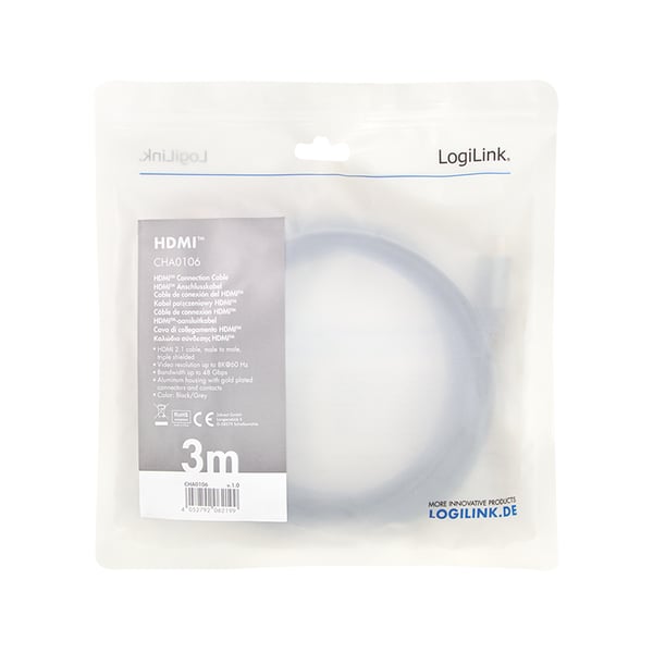 LogiLink CHA0106 HDMI-kaapeli 3 m HDMI-tyyppi A (vakio) Musta, Harmaa