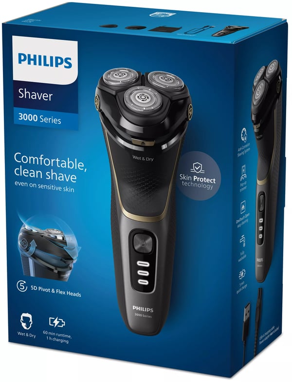 Philips 3000 series S3342/13 rakapparater för män Roterande rakhuvud Trimmer Svart, Guld