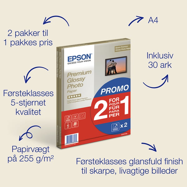 Epson A4 Premium blankt fotopapir, 255 g/m2, 30 ark
