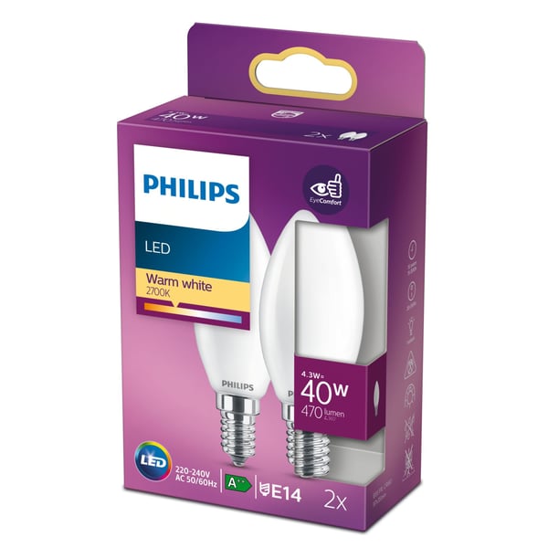 Philips Filamentti kynttilälamppu huurrettu 40W B35 E14 x2
