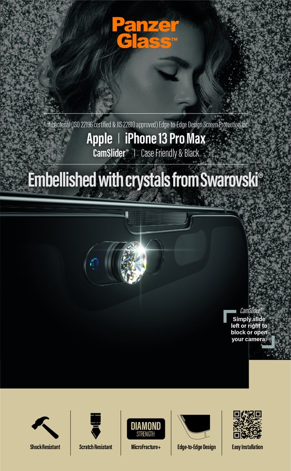 PanzerGlass ® CamSlider® Skærmbeskyttelse iPhone 13 Pro Max - Embellished m. crystals fra Swarovski® | Edge-to-Edge