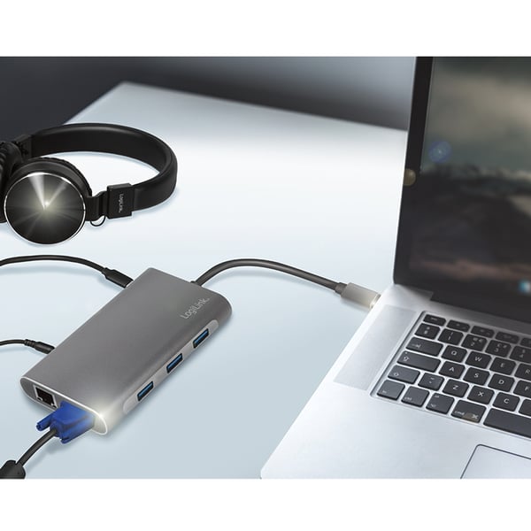 LogiLink UA0383 kannettavien tietokoneiden telakka ja porttitoistin Langallinen USB 3.2 Gen 1 (3.1 Gen 1) Type-C Hopea