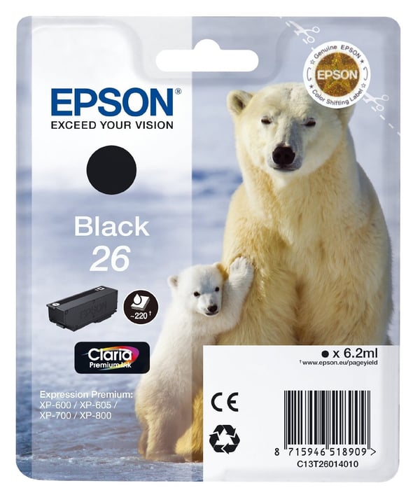 Epson Polar bear Yksittäispakkaus, musta 26 Claria Premium -muste