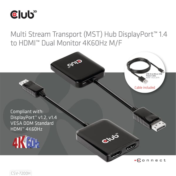 CLUB3D CSV-7200H videohaaroitin DisplayPort 2x HDMI
