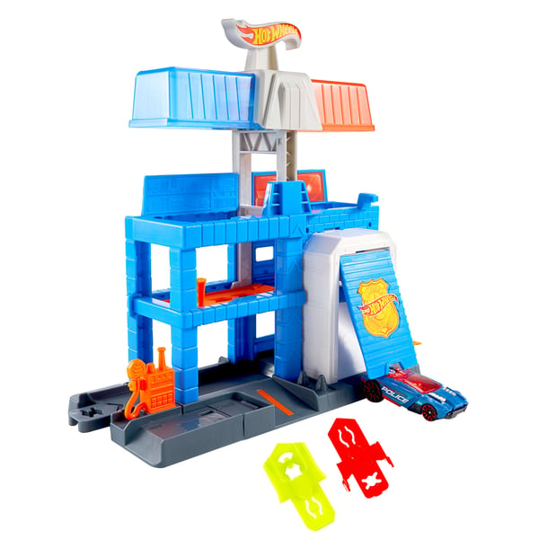 Hot Wheels City Downtown Police Tower -lelu ja 1:64-mittakaavan metallinen poliisiauto