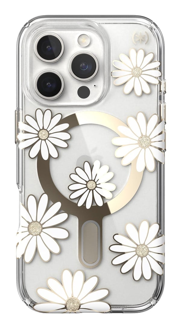 Speck Presidio Lux ClickLock & MagSafe - Cover til iPhone 16 Pro (Sunshine Daisies / Klar / Guld)