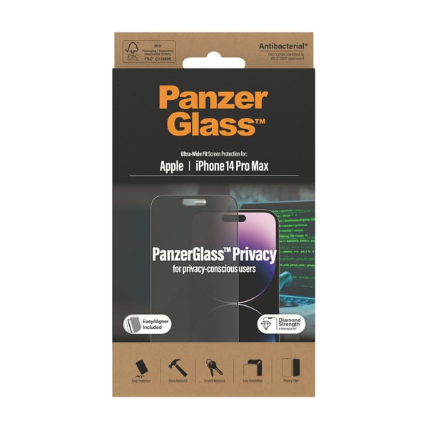 PanzerGlass ® Privacy Screen Protector iPhone 14 Pro Max | Ultra-Wide Fit w. EasyAligner Genomskinligt skärmskydd Apple 1 styck