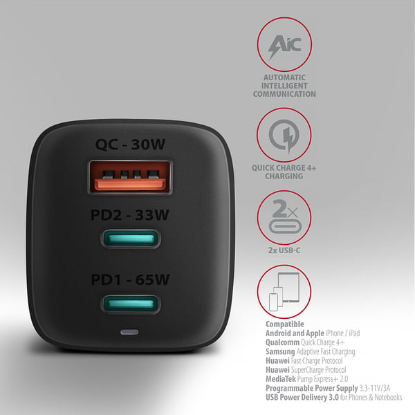 Axagon ACU-DPQ65 oplader til mobil enhed Mobiltelefon, Netbook, Laptop, Smartphone, SmartWatch, Tablet, Universel Sort Vekselstrøm Hurtig opladning Indendørs