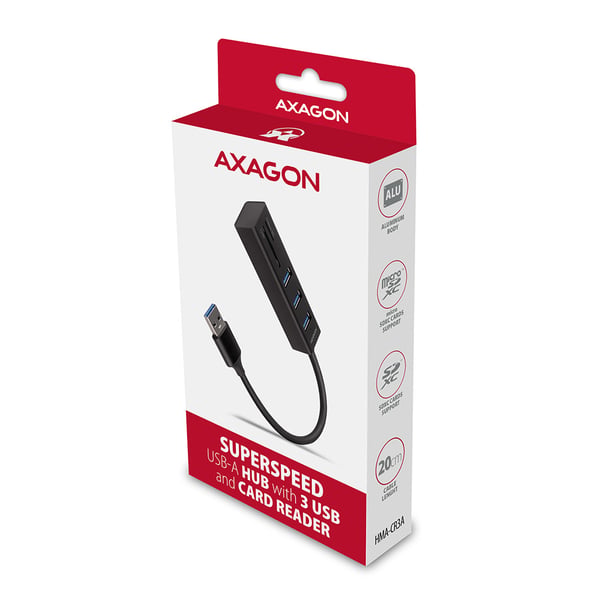 Axagon HMA-CR3A kannettavien tietokoneiden telakka ja porttitoistin Langallinen USB 3.2 Gen 1 (3.1 Gen 1) Type-A Musta