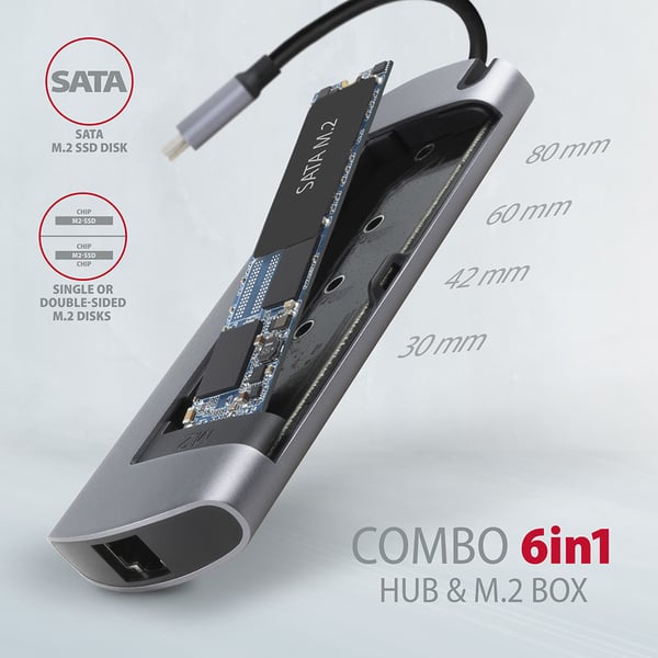 Axagon HMC-6M2 kannettavien tietokoneiden telakka ja porttitoistin Langallinen USB 3.2 Gen 1 (3.1 Gen 1) Type-C Alumiini