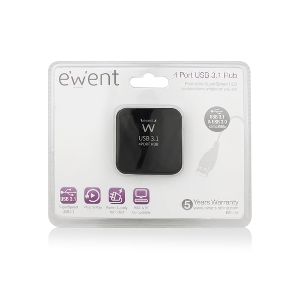 Ewent EW1134 gränssnittshubbar USB 3.2 Gen 2 (3.1 Gen 2) Type-A 5000 Mbit/s Svart