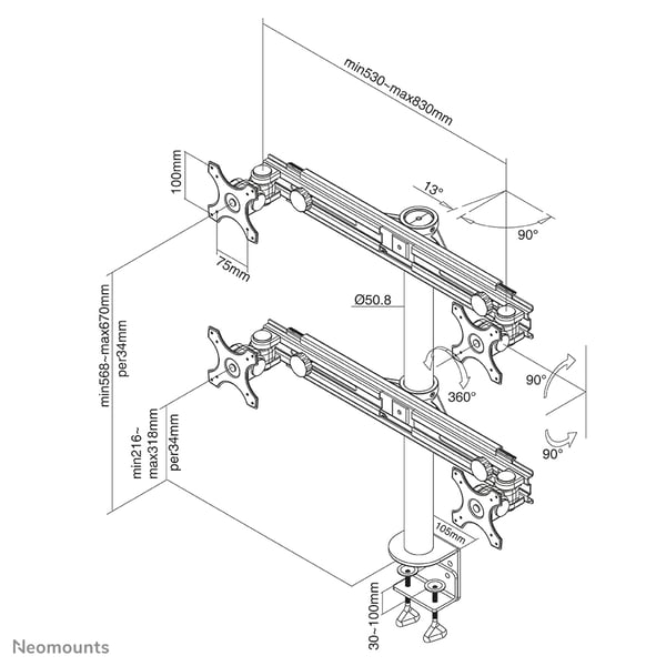 Neomounts FPMA-D700D4 monitorin kiinnike ja jalusta 76,2 cm (30") Vastaanotto Musta