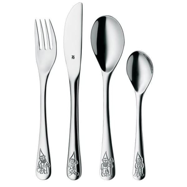 WMF children Cutlery set 4-pieces Zwerge Cromargan 18/10 stainless steel brushed suitable from 3 years with embossed designs Bestickset för barn Rostfritt stål