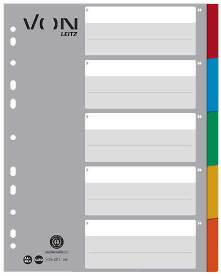 Leitz VON 12890000 faneskiller Blankt faneindeks Pap Blå, Grøn, Grå, Orange, Rød, Hvid, Gul