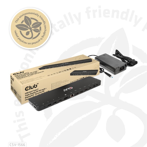 CLUB3D CSV-1566 kannettavien tietokoneiden telakka ja porttitoistin Telakointi USB 3.2 Gen 1 (3.1 Gen 1) Type-C Musta