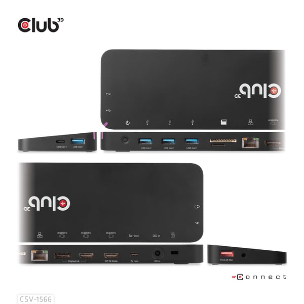 CLUB3D CSV-1566 kannettavien tietokoneiden telakka ja porttitoistin Telakointi USB 3.2 Gen 1 (3.1 Gen 1) Type-C Musta