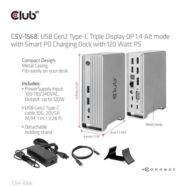 CLUB3D CSV-1568 dockingstation Docking USB 3.2 Gen 2 (3.1 Gen 2) Type-C Metallic