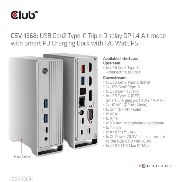 CLUB3D CSV-1568 dockingstation Docking USB 3.2 Gen 2 (3.1 Gen 2) Type-C Metallic