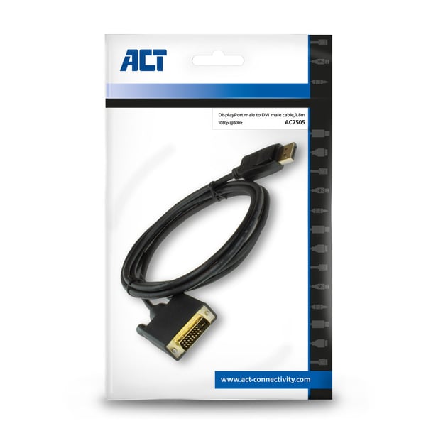 ACT AC7505 videokabel adapter 1,8 m DisplayPort DVI Sort