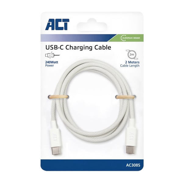 ACT AC3085 USB-kablar USB 2.0 2 m USB C 0,48 Gbit/s 240 W Vit