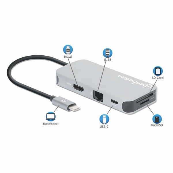 Manhattan 130615 kannettavien tietokoneiden telakka ja porttitoistin Langallinen USB 3.2 Gen 1 (3.1 Gen 1) Type-C Alumiini